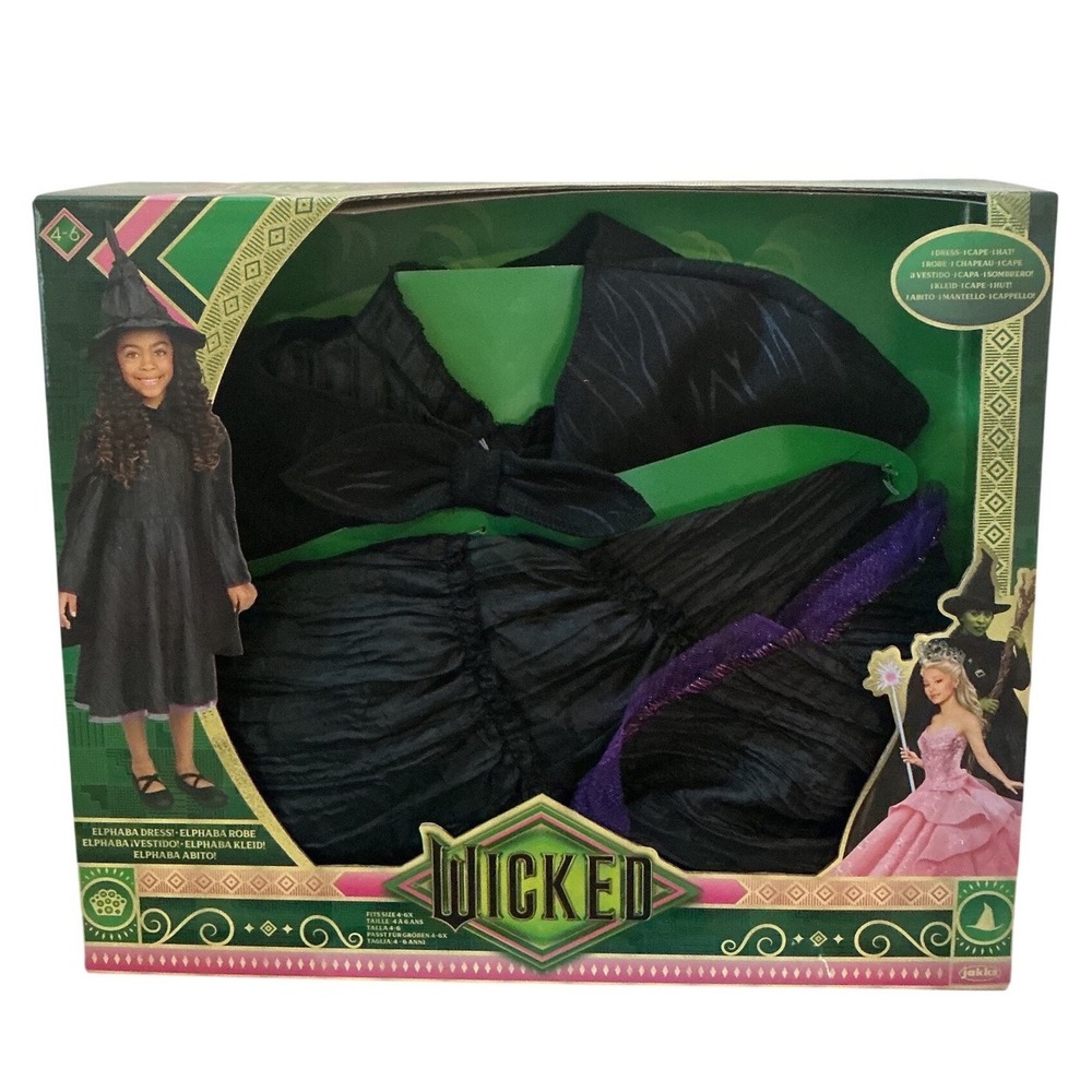 Wicked Elphaba Deluxe Black Dress Cape Hat Costume Set Jakks Pacific Girls 4-6X